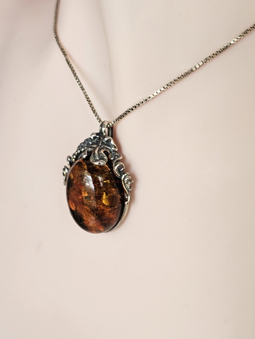 Vintage Polish Valerio Baltic Amber Pendant & Sterling Silver Box Chain 18" - Picture 2 of 12